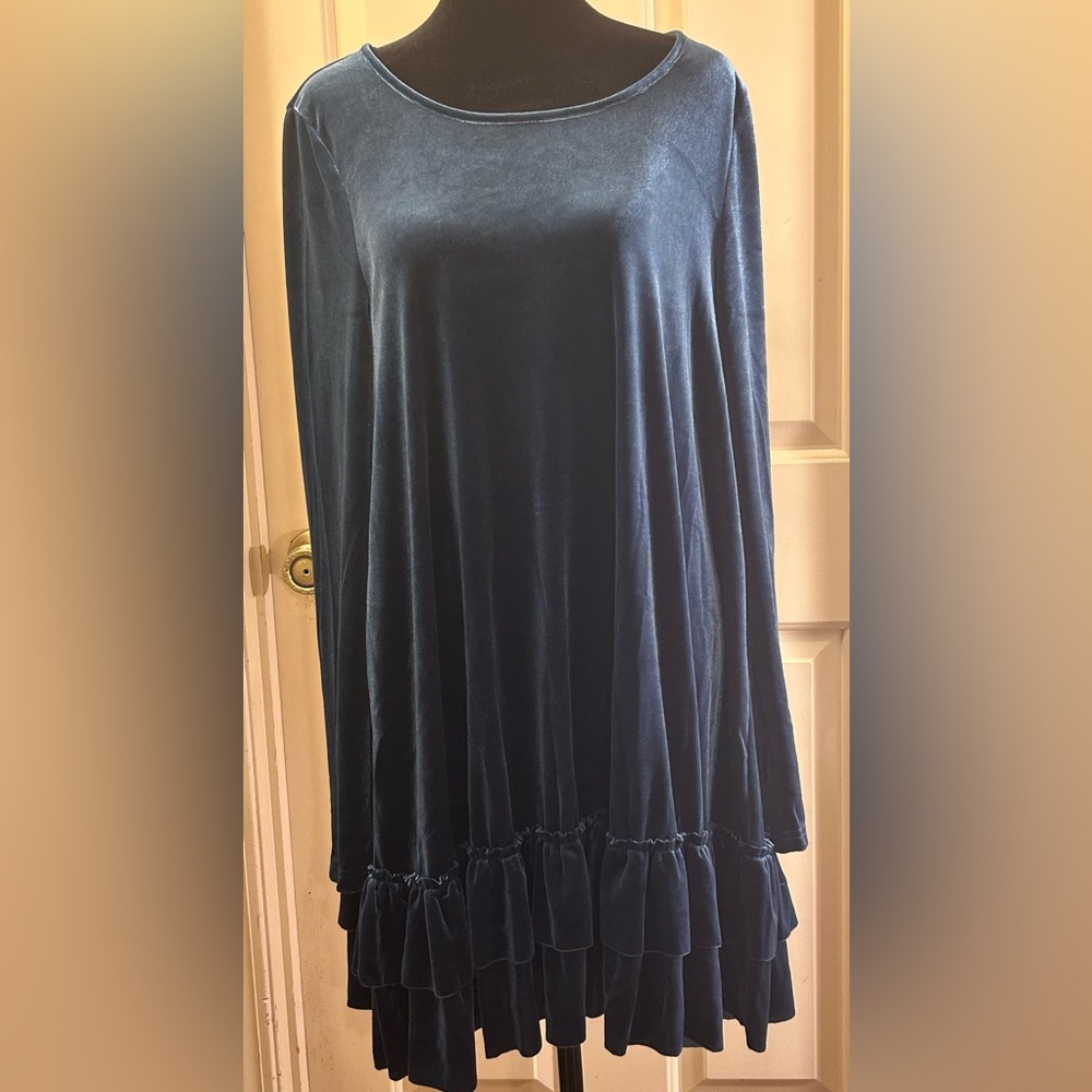 Easel Velour Dark Teal Ruffle Dress Raw Edge Ruffles at Bottom - Picture 2 of 8